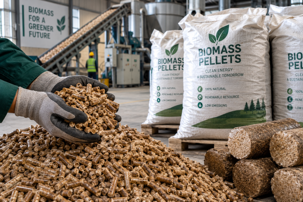 Biomass fuel pellets produced from agricultural residue, ready for export packaging.