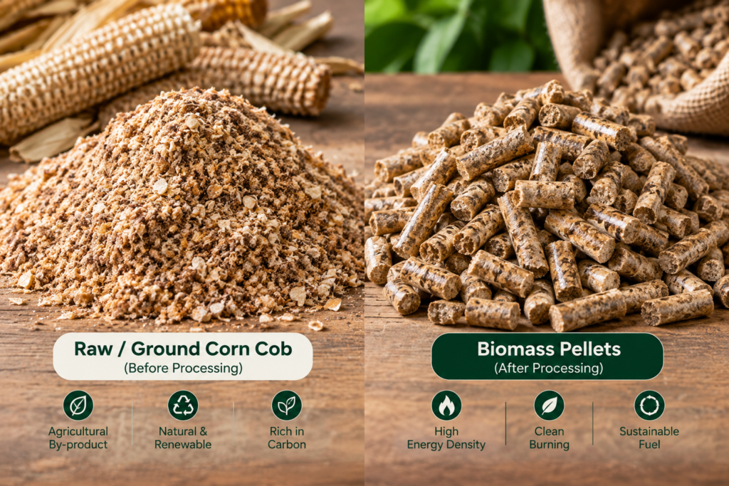 Corn cob material next to compressed biomass pellets, showing the physical difference between the two export products.