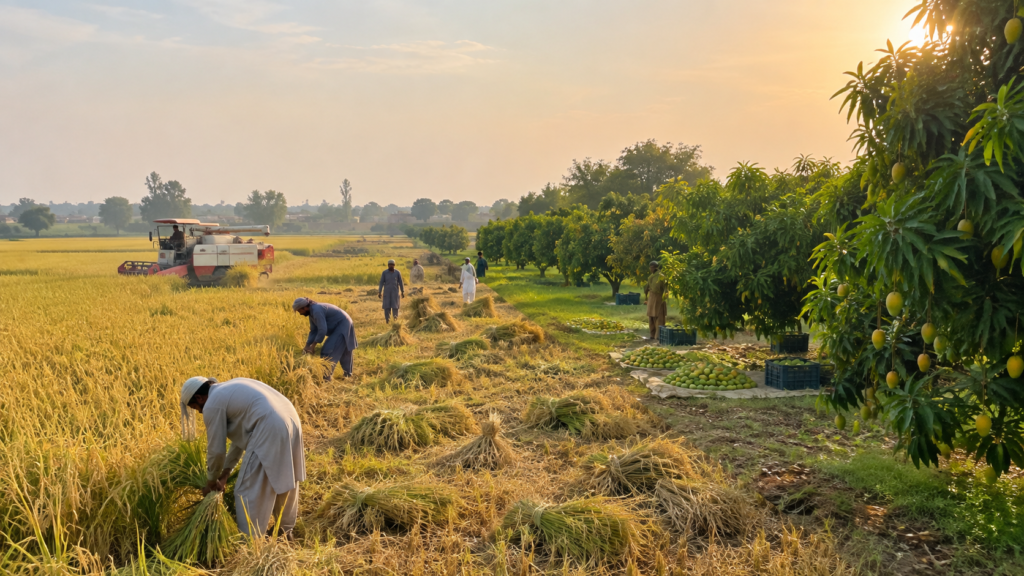 Agricultural fields in Pakistan during harvest, representing the country's major export crops