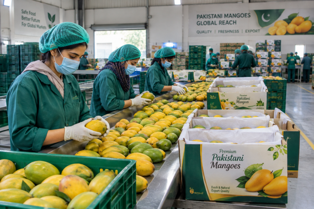 Workers grading mangoes at a Pakistan agricultural export facility