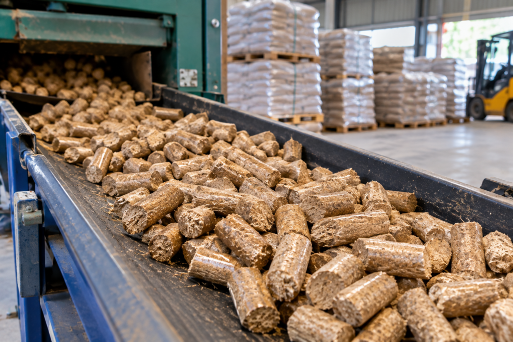 Rice husk pellets ready for export packaging at a processing facility.
