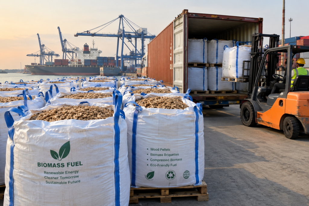 Bagged biomass fuel pallets prepared for export shipment