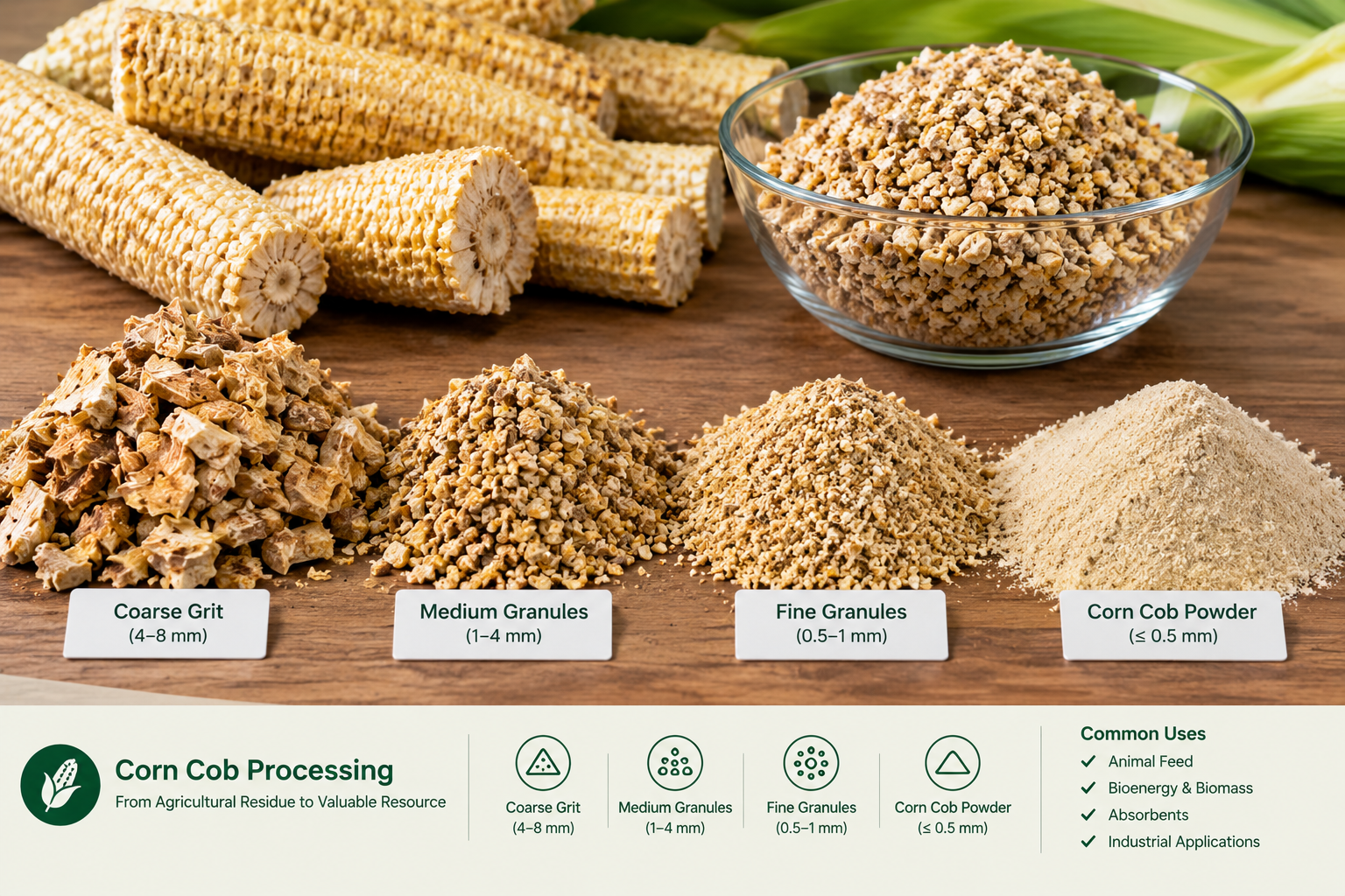 Different grades of processed corn cob granules ranging from coarse to fine