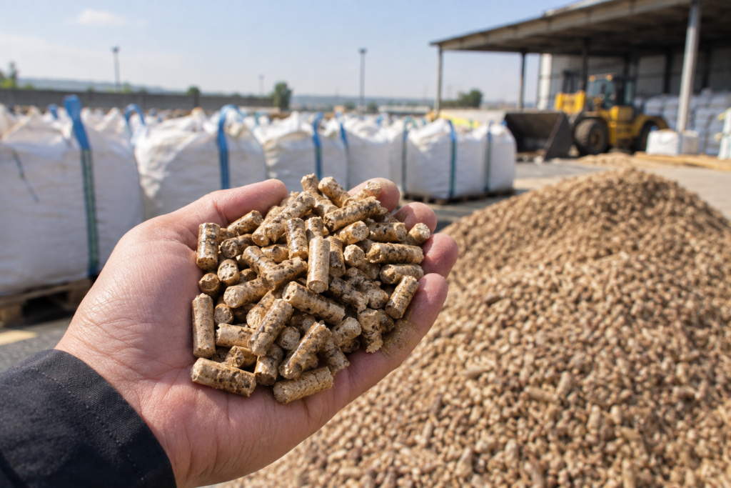 Close-up of dense biomass pellets held in a gloved hand at a storage yard