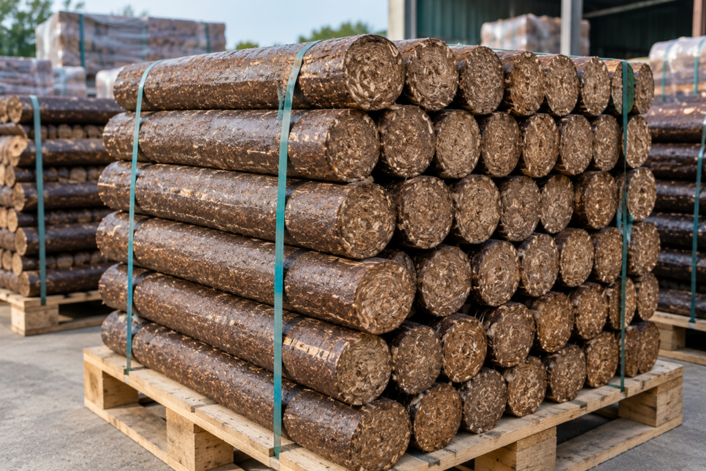 Pallet of compressed biomass fuel briquettes ready for export
