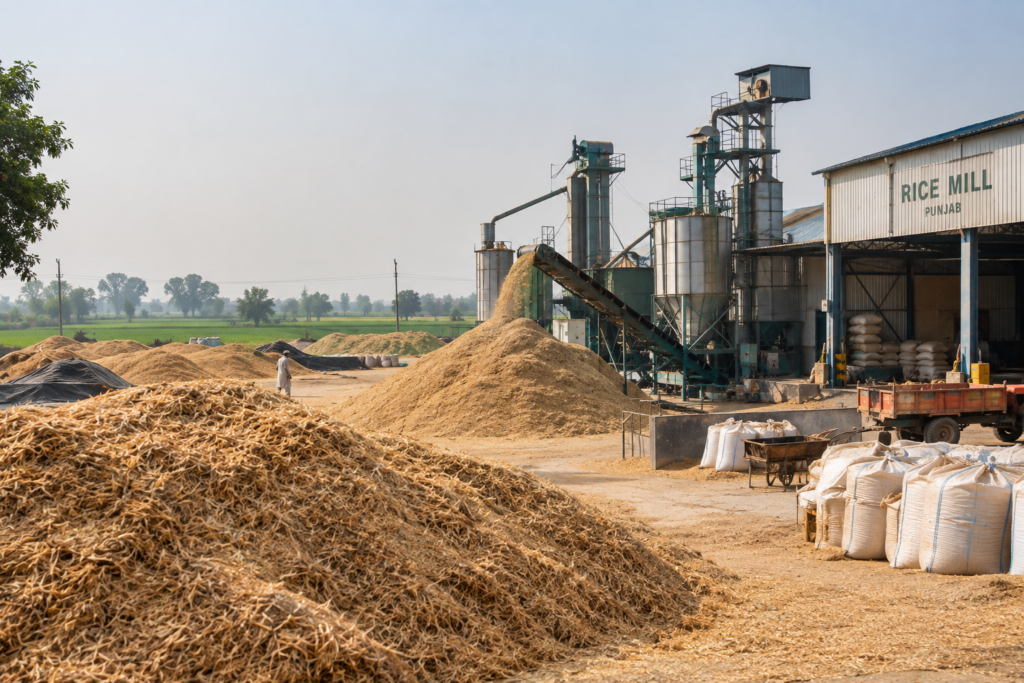Rice husk stockpiled at a mill yard in Pakistan, a common agricultural residue used in biomass export