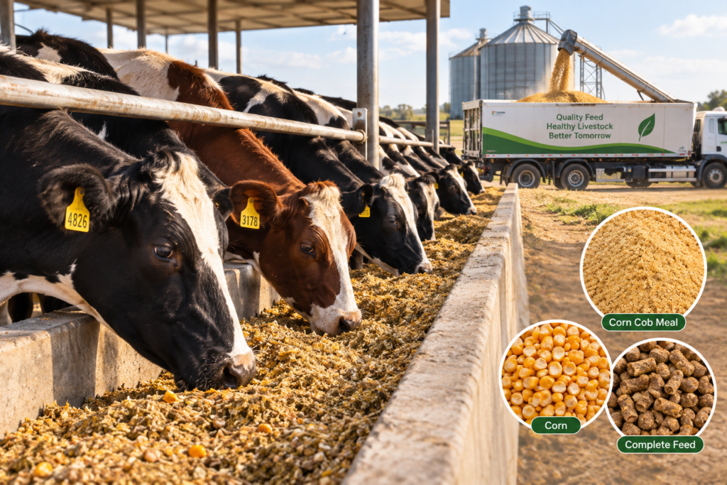 Dairy cows consuming total mixed ration containing corn cob meal as a cost-effective energy source.