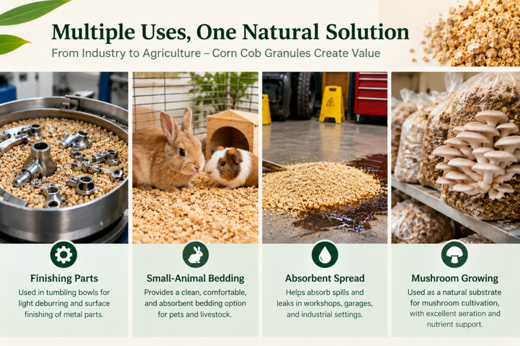 Four common uses of corn cob granules: metal finishing, animal bedding, spill absorbent and growing substrate