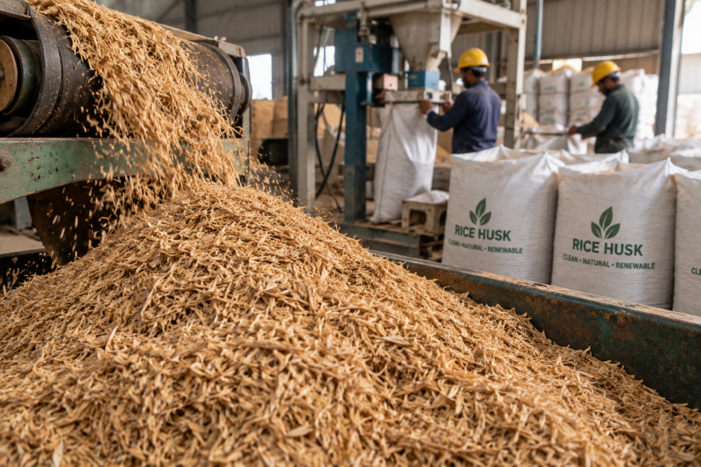 Loose rice husk in bulk storage — a key biomass export product from Pakistan for industrial boiler fuel