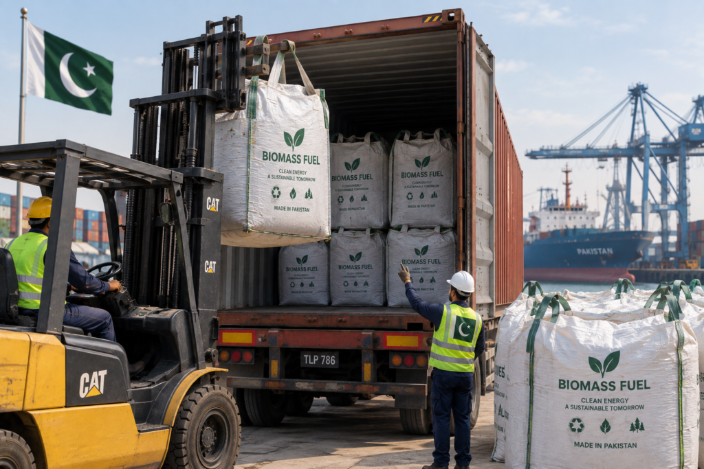 Bagged biomass fuel being loaded into a shipping container for export from Pakistan