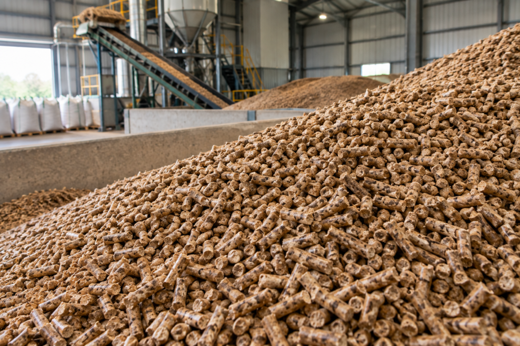 Bulk agricultural biomass pellets made from Pakistani crop residues — ready for industrial boiler and energy plant use