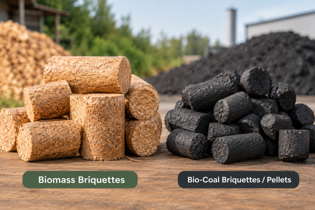Biomass briquettes and bio-coal briquettes shown side by side for comparison.