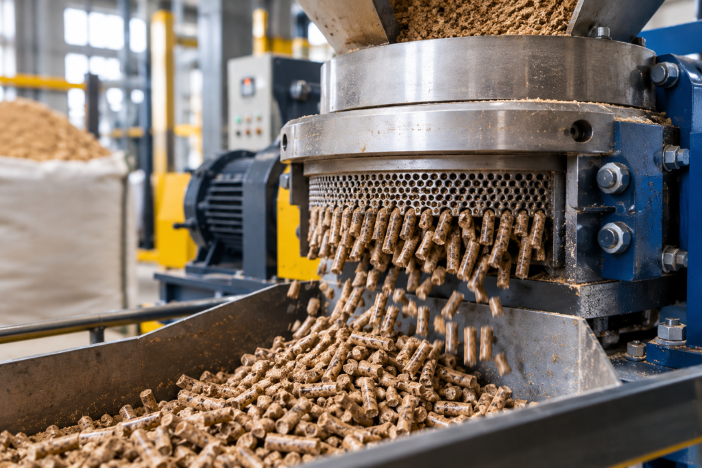 Biomass pellet mill compressing ground agricultural residue into uniform fuel pellets.