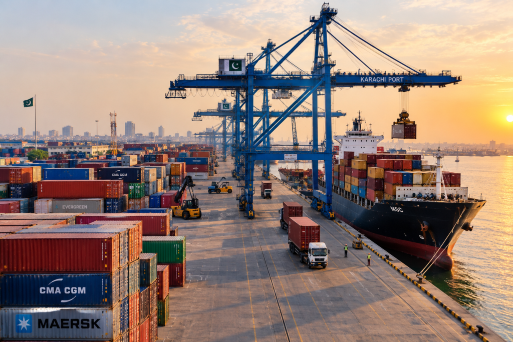 Karachi port export terminal for Pakistani agricultural products including biomass