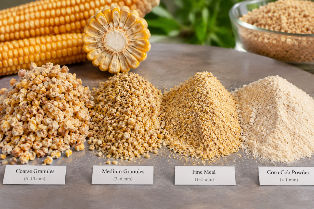 Different grades of processed corn cob material including meal and granules