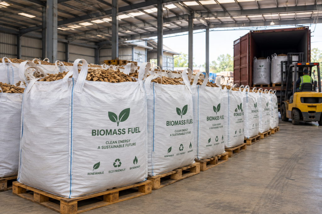 Jumbo bags of biomass fuel palletized in a dry warehouse before container loading