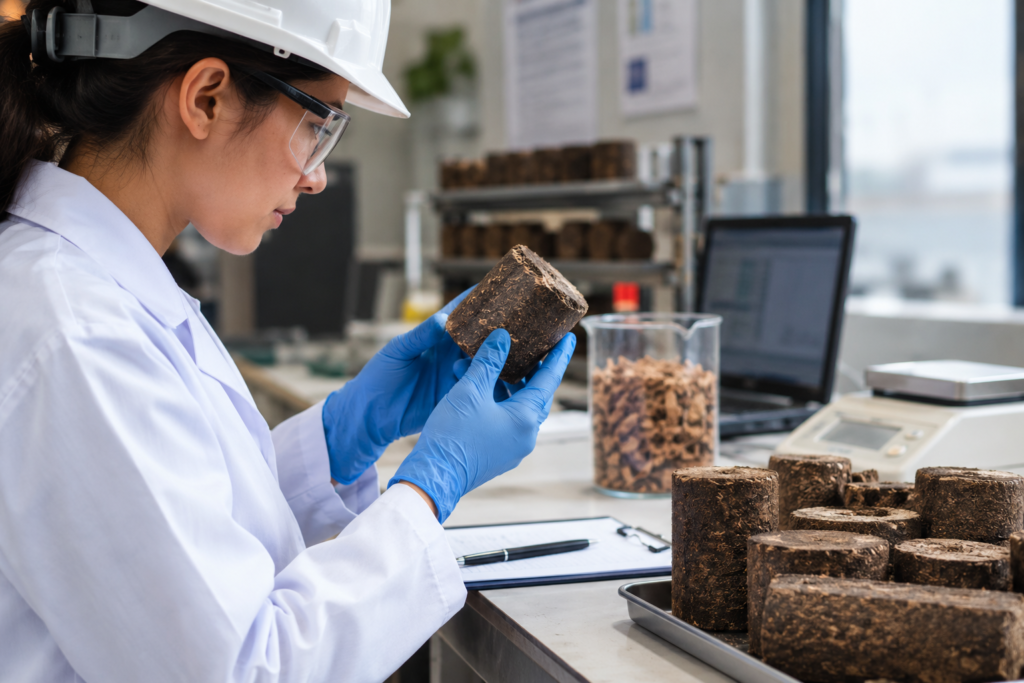 Quality inspection of a biomass fuel briquette sample before export
