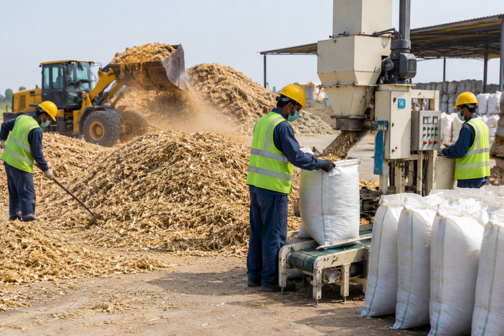 Workers processing and bagging agricultural residue material for export