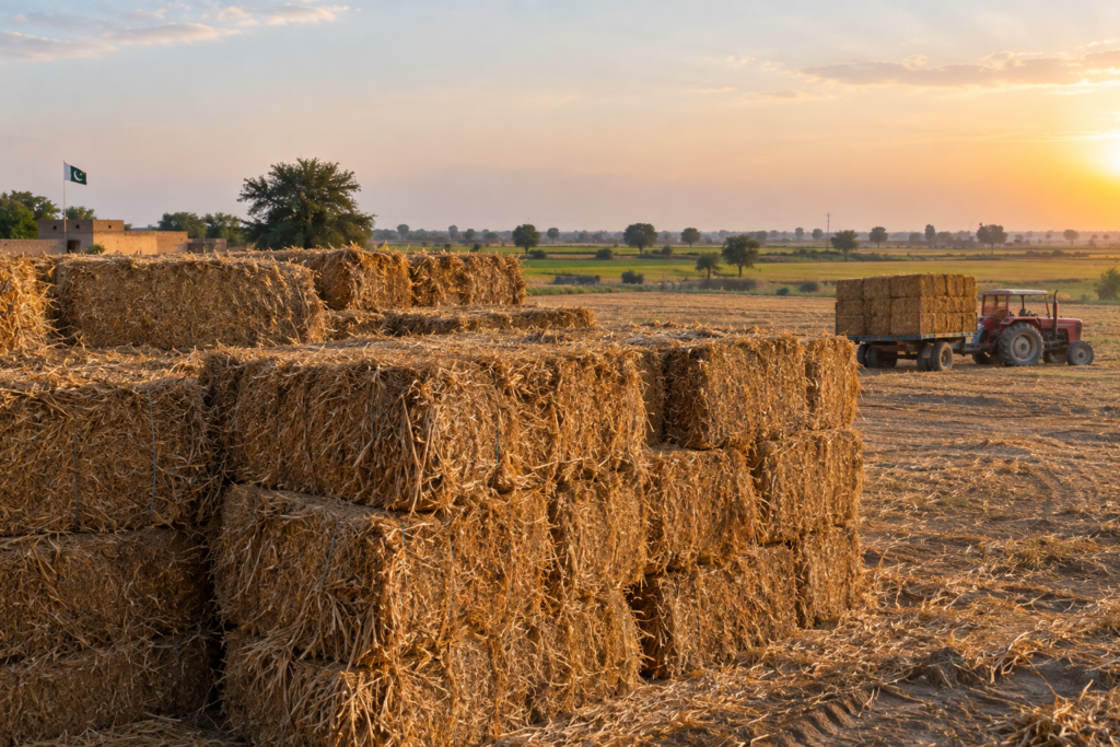 Bales of agricultural crop residue in Pakistan fields — a primary source of industrial biomass fuel for export