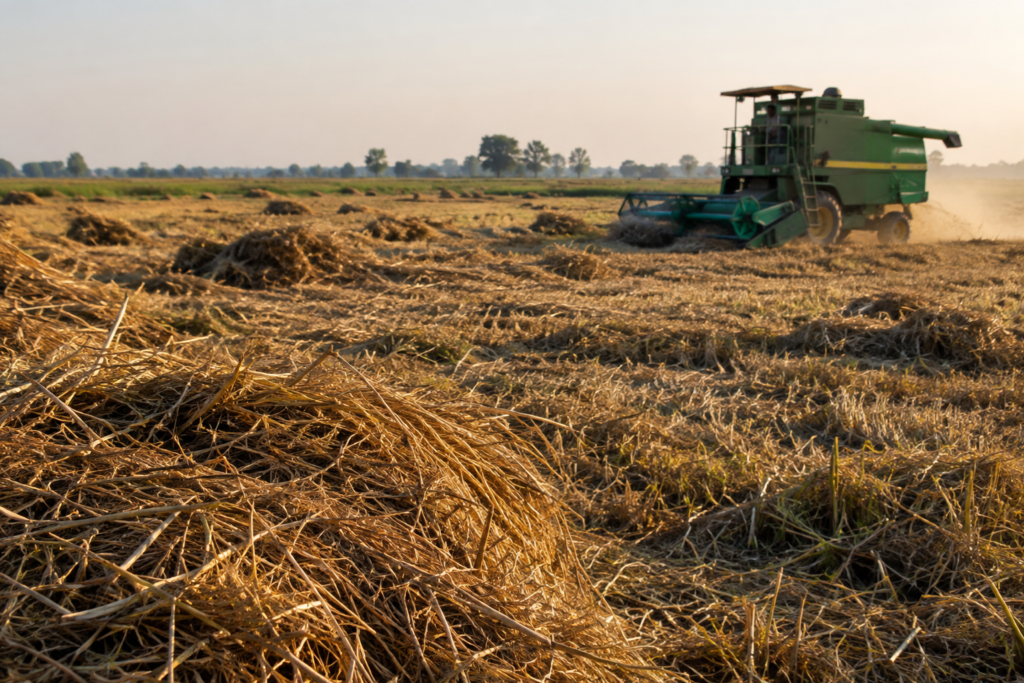 Large-scale wheat harvest in Pakistan's Punjab region generating crop residue for biomass export