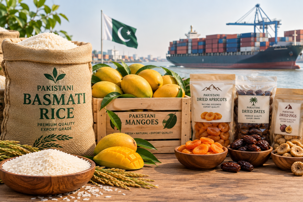 Selection of Pakistan's key agricultural export products including rice, mangoes, and dried fruits