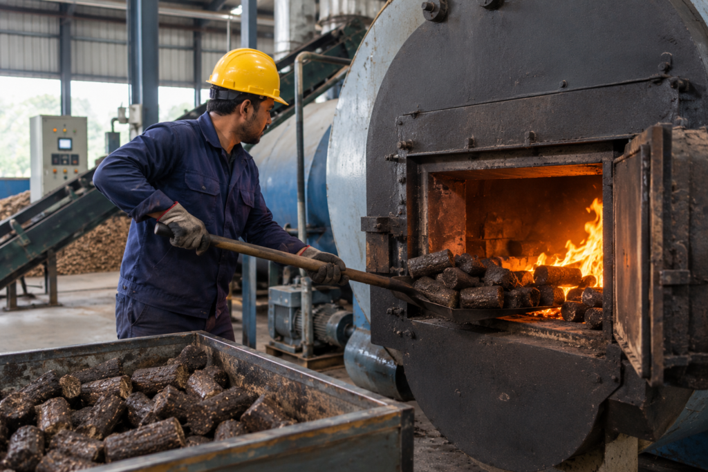 Solid biomass fuel being fed into an industrial boiler furnace.