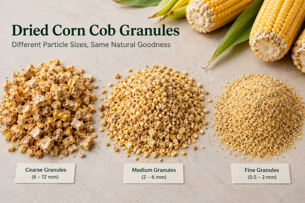 Three sizes of dried corn cob granules arranged side by side to show different mesh grades