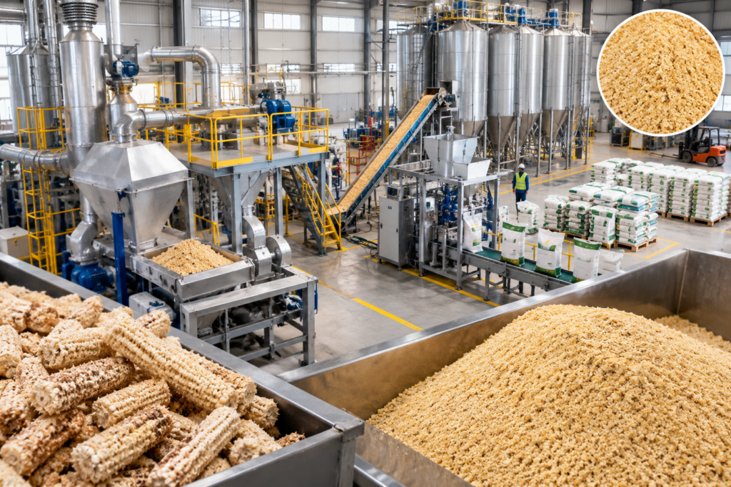 Modern corn cob meal processing facility with grinding machinery and bulk storage silos.