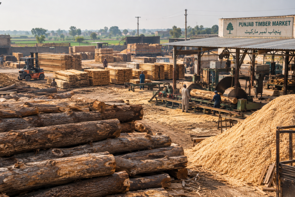 Sawmill yard in Pakistan generating biomass sawdust byproduct for export