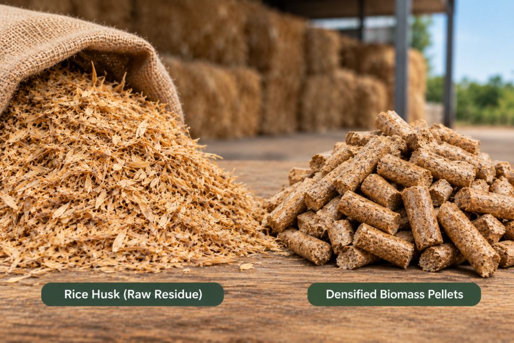 Comparison of raw agricultural residue and densified biomass pellets ready for export