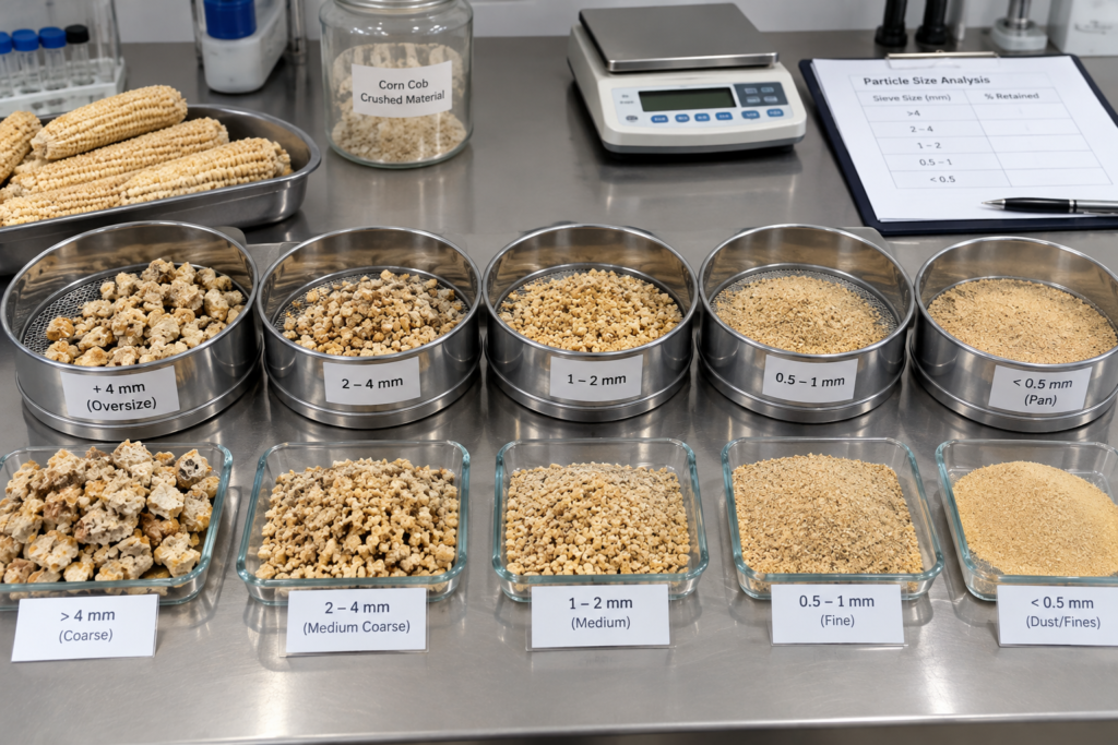 Graded fractions of crushed corn cob on sieve trays for particle size testing