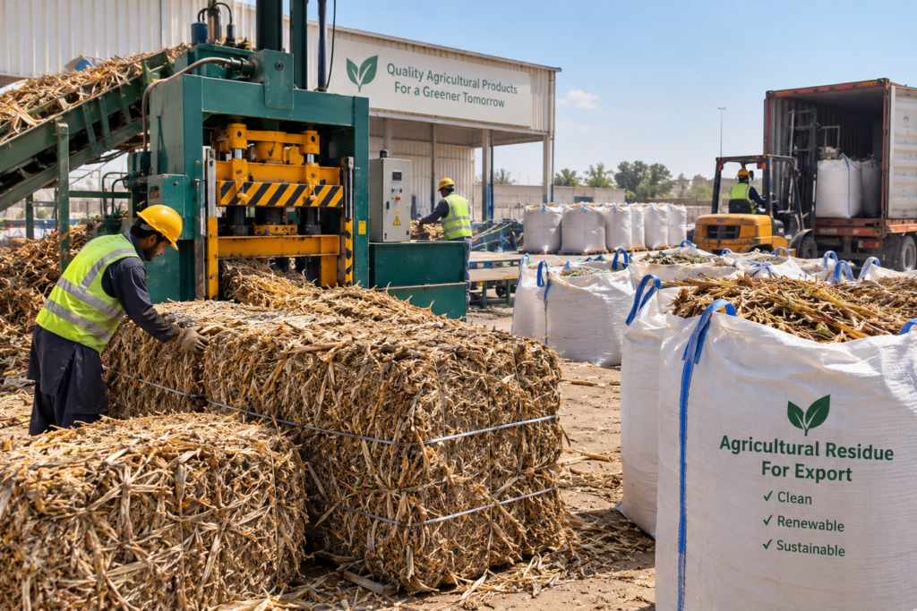 Processing and bagging of dried sugarcane residue for export shipment