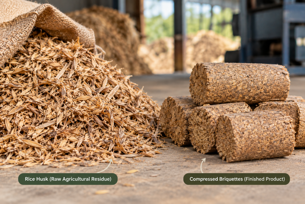 Raw agricultural residue next to a finished compressed biomass briquette.