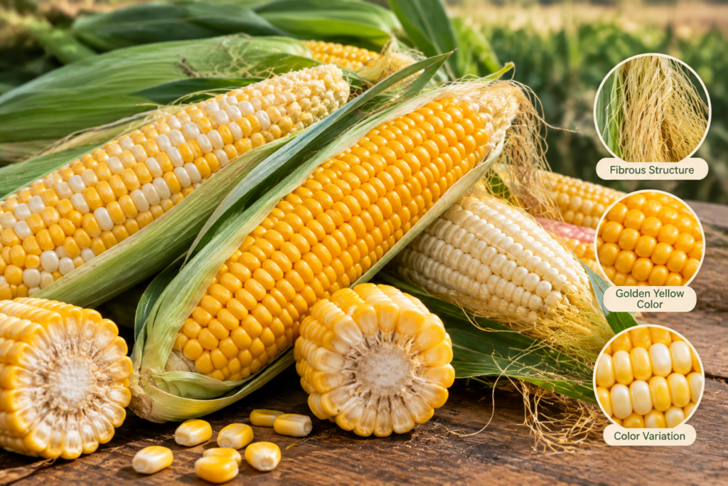 Raw corn cobs with visible fibrous core structure

