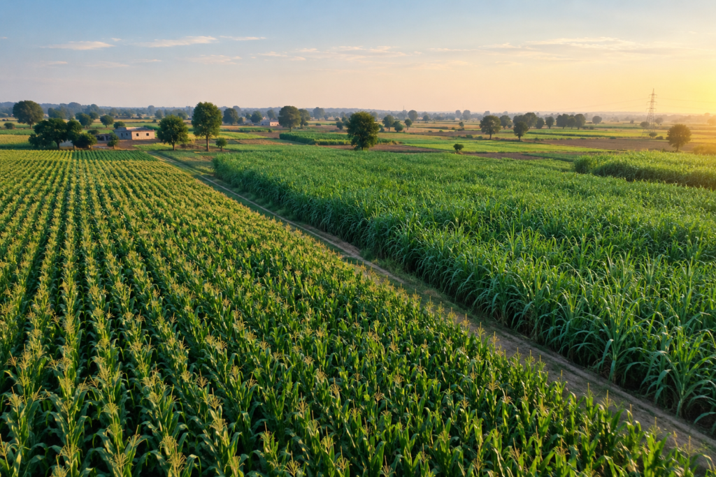 Cultivated farmland in Punjab, Pakistan, showing rows of crops used in agricultural exports