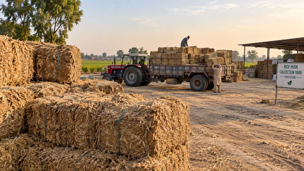 Baled agricultural residue stacked at a collection yard in Pakistan before export processing.