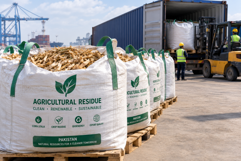 Processed agricultural residue packed in bags ready for container export.