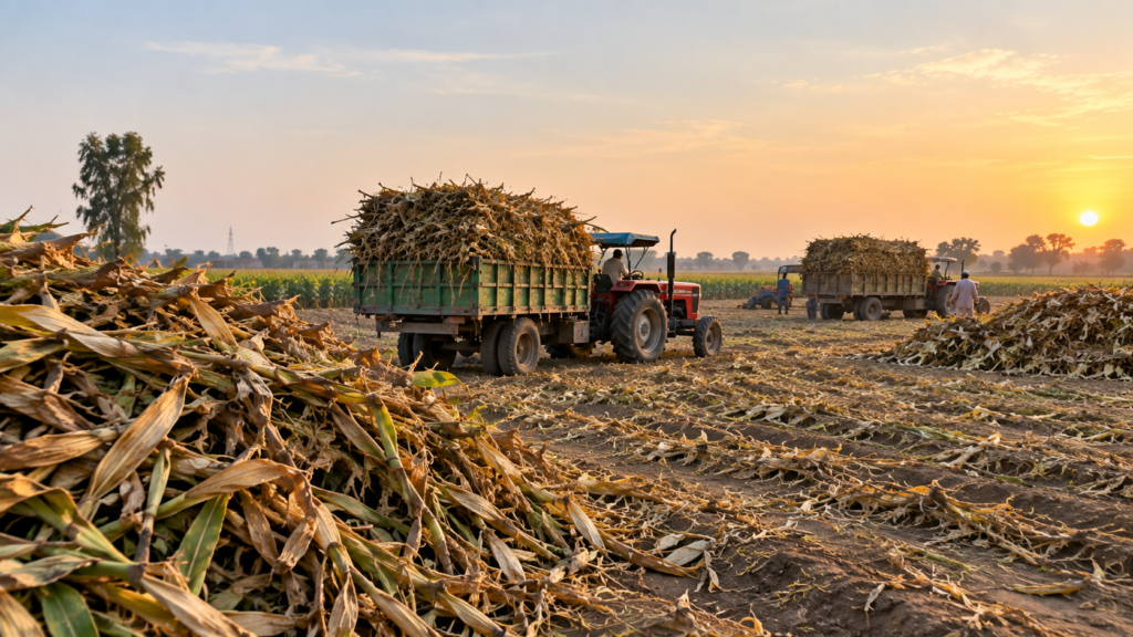 Harvested corn stalks stacked in a Pakistani farm field before processing.