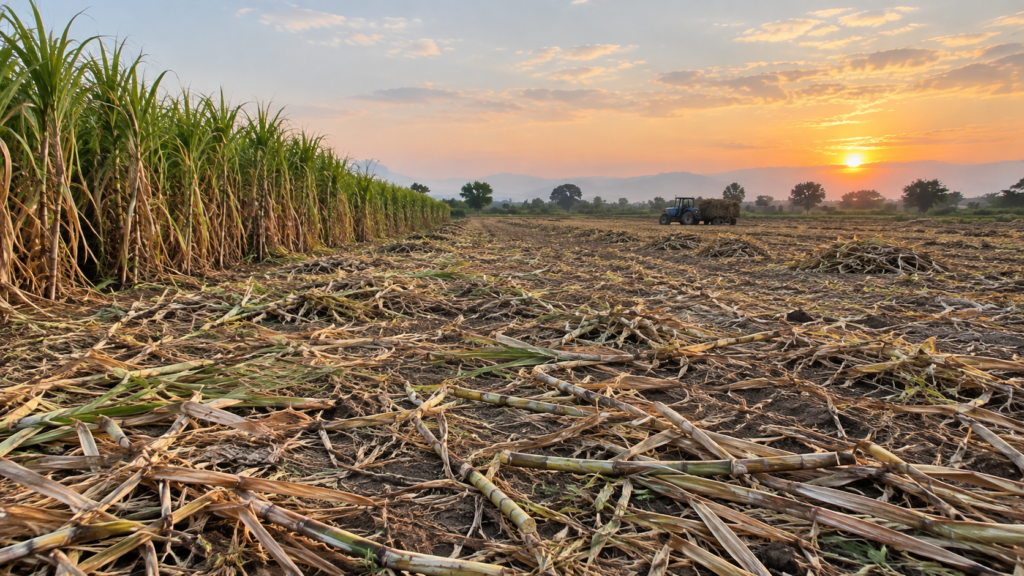 Sugarcane field after harvest showing leftover crop residue used for biomass export