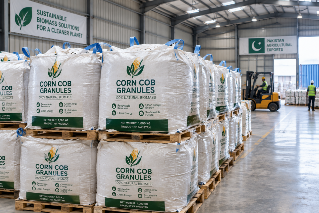 Bagged corn cob products stacked and ready for export shipment