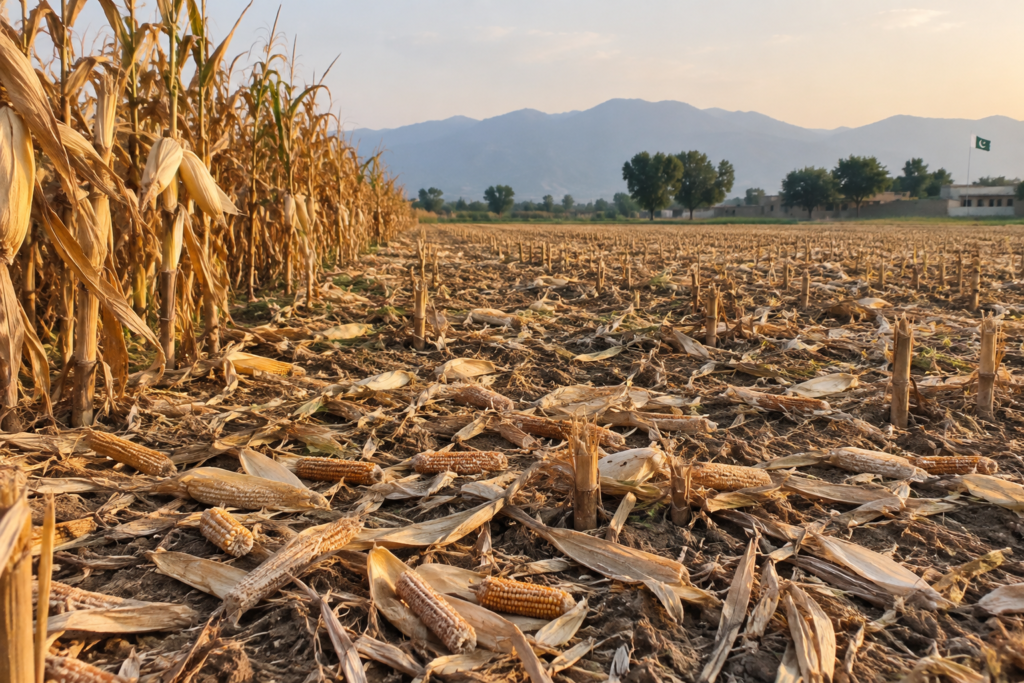 Maize field after harvest showing corn cob residue in dry climate conditions