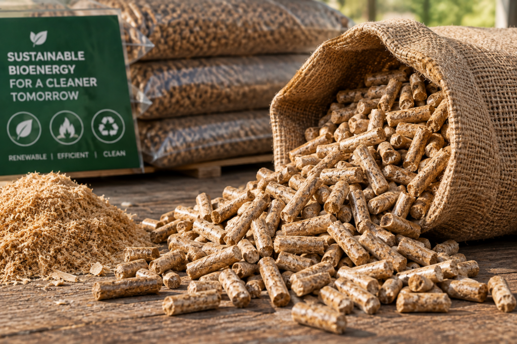 Biomass wood pellets made from compressed sawdust for export