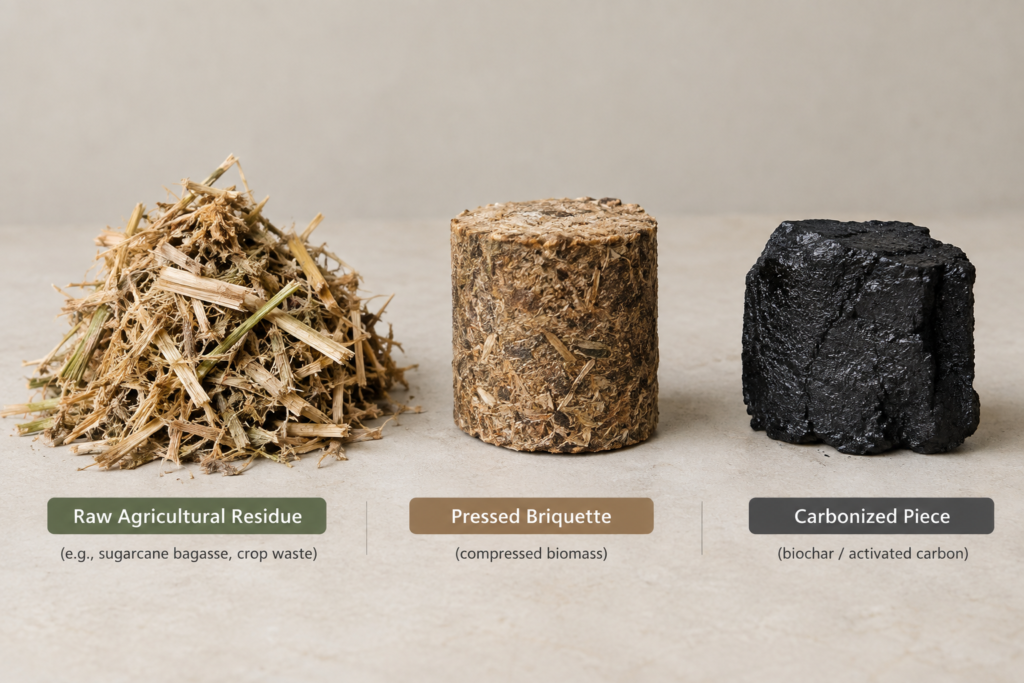 Raw biomass, a pressed biomass briquette and a carbonized bio-coal sample compared side by side