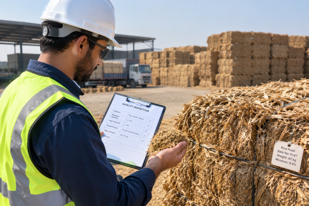 Quality inspection of baled agricultural residue before export shipment.