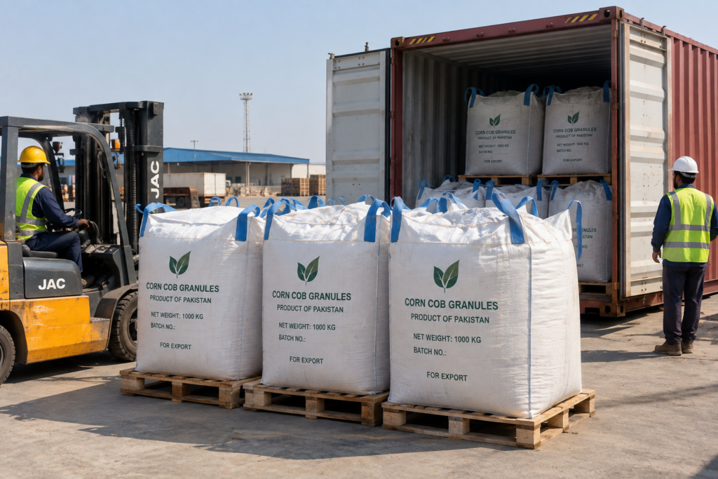 Bagged corn cob granules on pallets next to a shipping container ready for loading