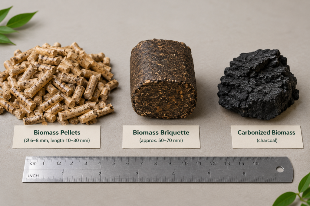 Biomass pellets, a briquette, and carbonized biomass fuel shown side by side for size comparison