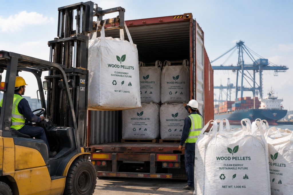 Workers loading jumbo bags of biomass pellets into a shipping container