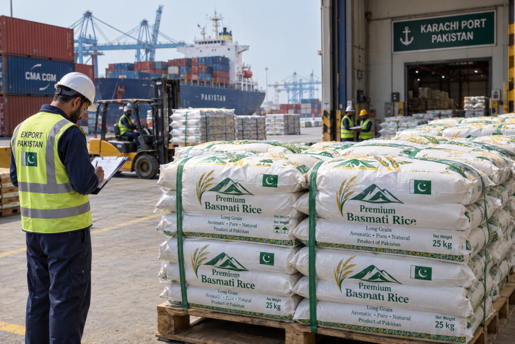 Labelled agricultural product bags ready for export at a Pakistan port facility