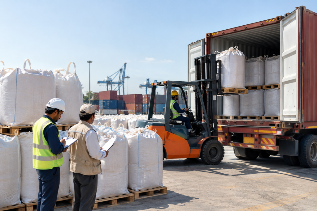 Inspector checking container loading when you import corn cob granules from Pakistan