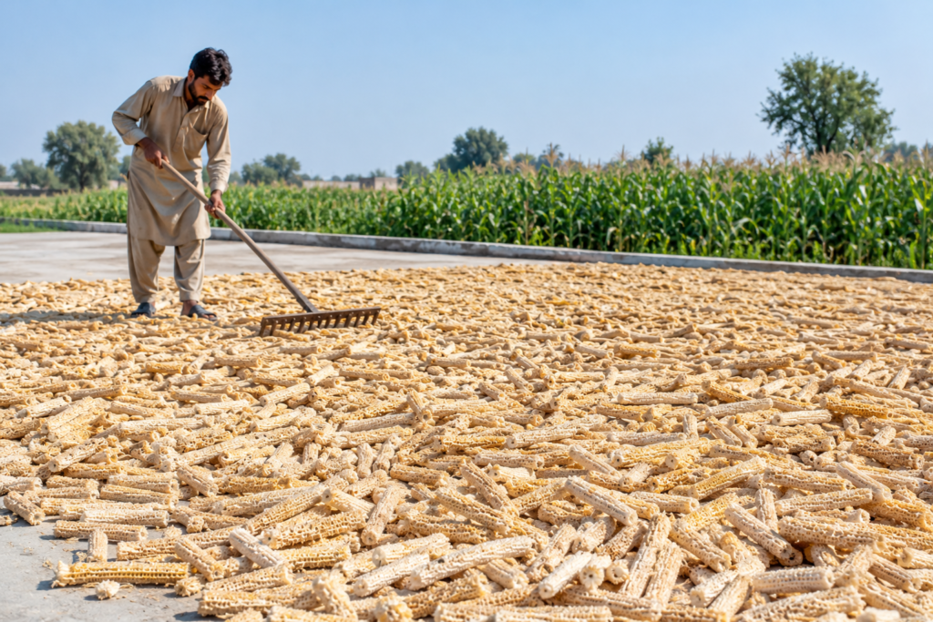 Maize cobs sun-drying in a yard in Punjab before being processed into corn cob meal for export from Pakistan
